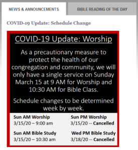 Screen shot about coronavirus from a church website